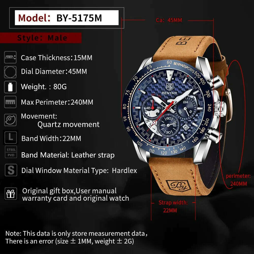 KIMLUD, BENYAR Top Brand New Men Watches Leather Strap Luxury Waterproof Sport Quartz Chronograph Military Watch Men Clock Reloj Hombre, KIMLUD Womens Clothes