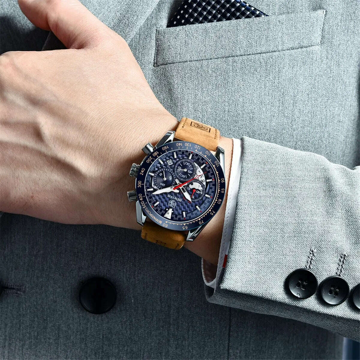 KIMLUD, BENYAR Top Brand New Men Watches Leather Strap Luxury Waterproof Sport Quartz Chronograph Military Watch Men Clock Reloj Hombre, KIMLUD Womens Clothes