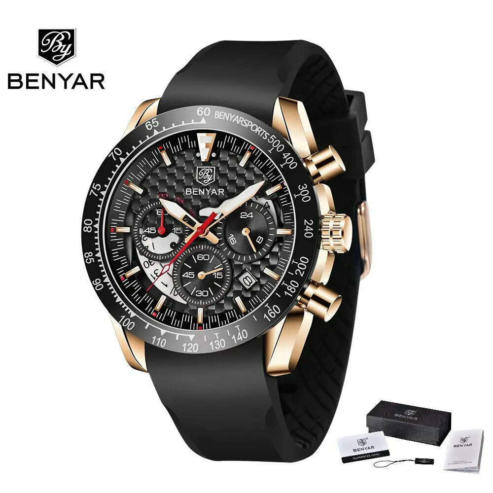 KIMLUD, BENYAR Top Brand New Men Watches Leather Strap Luxury Waterproof Sport Quartz Chronograph Military Watch Men Clock Reloj Hombre, GoldBlackR, KIMLUD APPAREL - Womens Clothes
