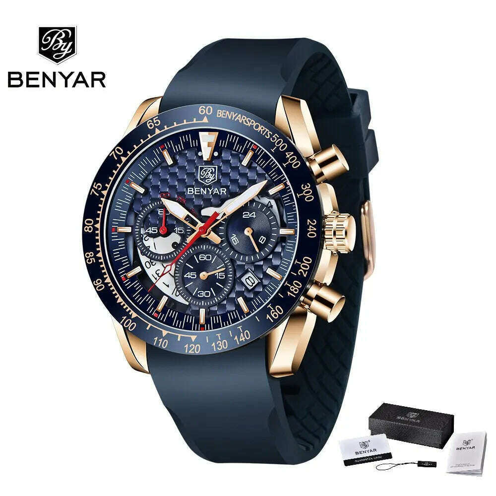 KIMLUD, BENYAR Top Brand New Men Watches Leather Strap Luxury Waterproof Sport Quartz Chronograph Military Watch Men Clock Reloj Hombre, GoldBlueR, KIMLUD APPAREL - Womens Clothes