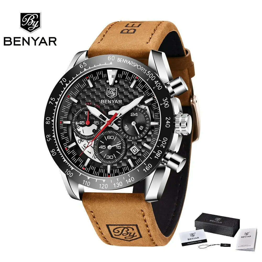 KIMLUD, BENYAR Top Brand New Men Watches Leather Strap Luxury Waterproof Sport Quartz Chronograph Military Watch Men Clock Reloj Hombre, SilverBlackL, KIMLUD APPAREL - Womens Clothes