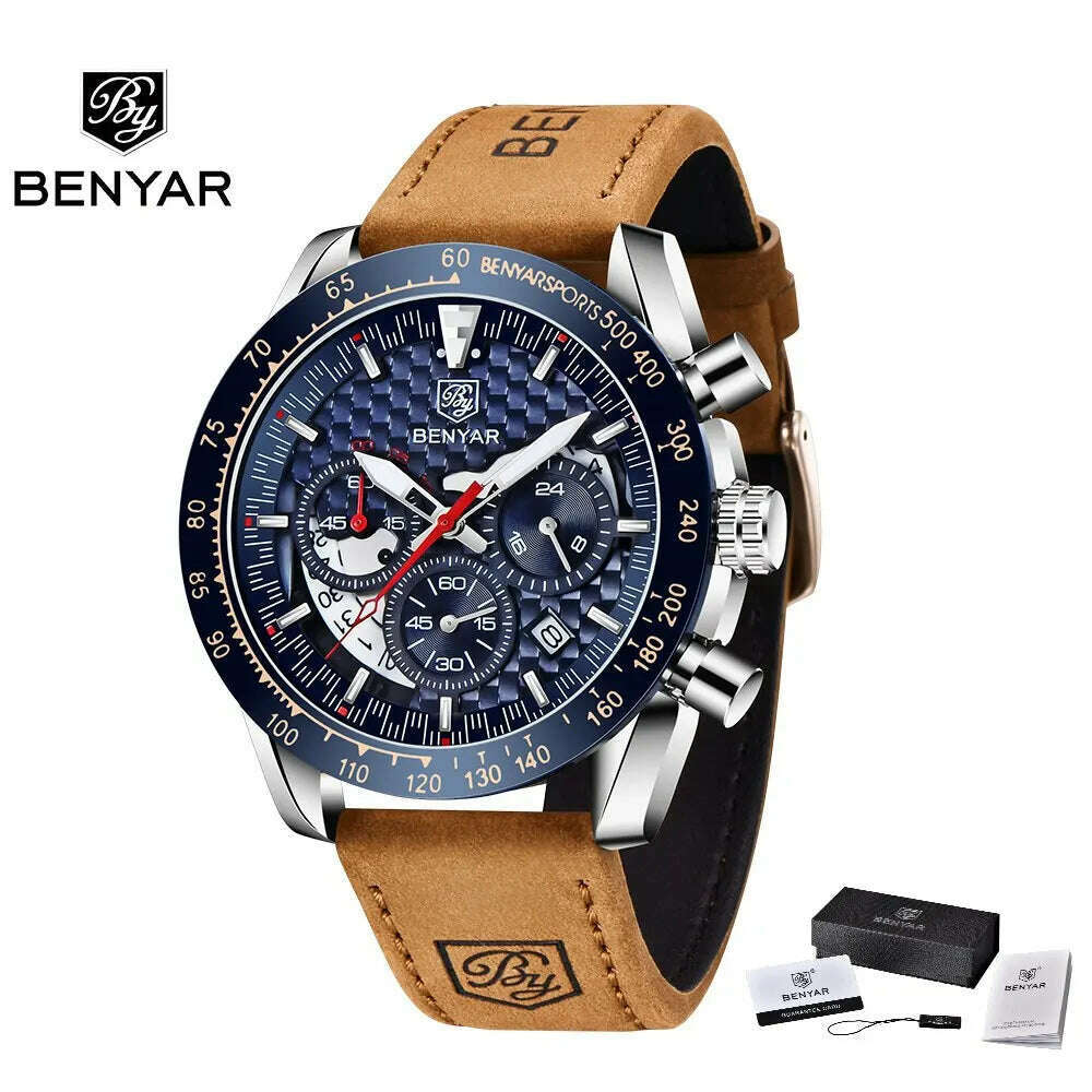 KIMLUD, BENYAR Top Brand New Men Watches Leather Strap Luxury Waterproof Sport Quartz Chronograph Military Watch Men Clock Reloj Hombre, SilverBlueL, KIMLUD APPAREL - Womens Clothes
