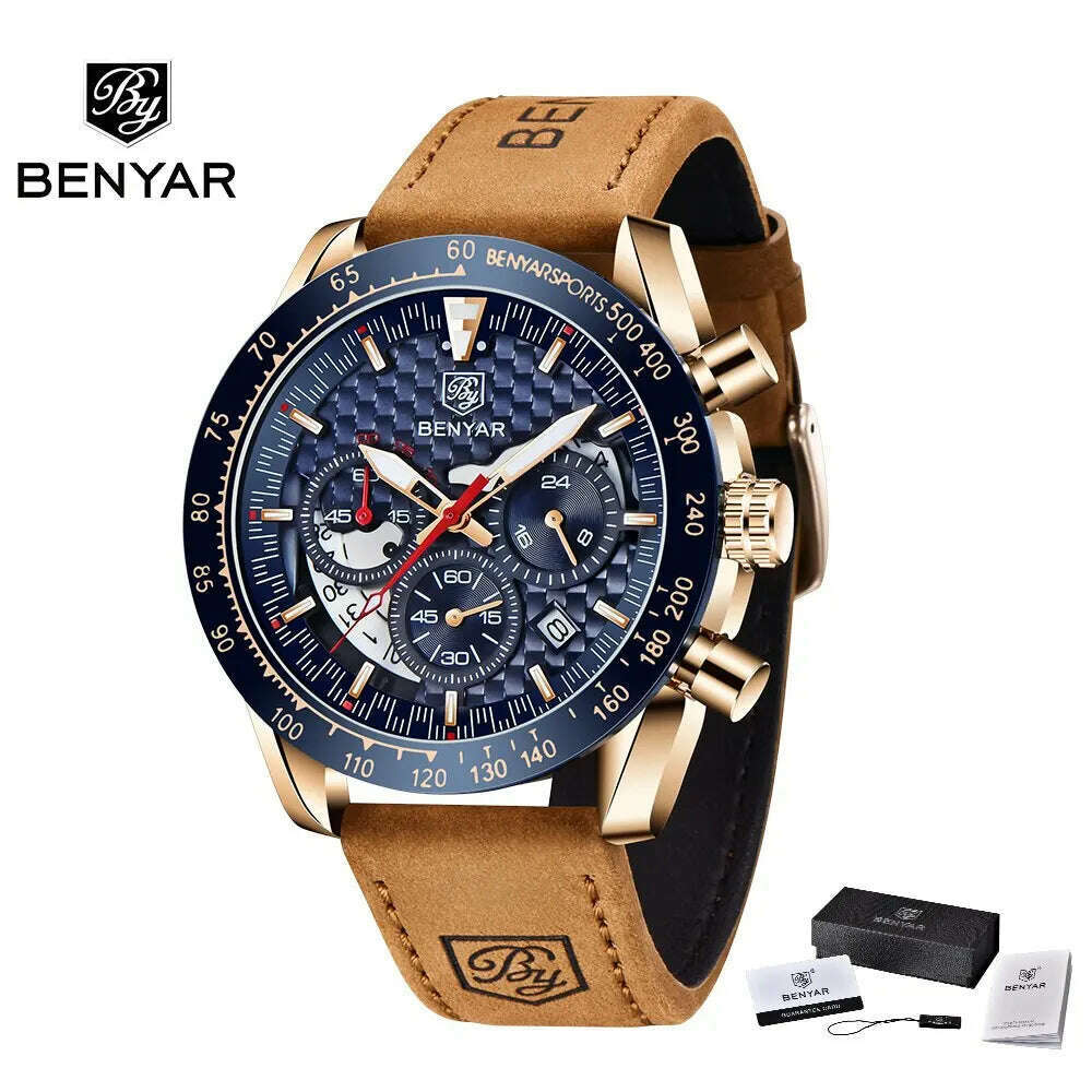 KIMLUD, BENYAR Top Brand New Men Watches Leather Strap Luxury Waterproof Sport Quartz Chronograph Military Watch Men Clock Reloj Hombre, GoldBlueL, KIMLUD APPAREL - Womens Clothes