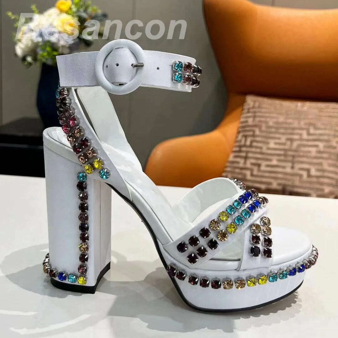 KIMLUD, Besancon 2025 Classic style Women's high-heeled 12cm sandals Diamonds Genuine leather Oversized 41 42 Waterproof platform, WHITE / 35, KIMLUD APPAREL - Womens Clothes