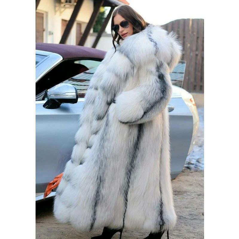 KIMLUD, BFFUR 130CM Long Real Fox Fur Coat With Hood Thick Warm Winter Fashion Genuine Cross Fox Fur Jackets Natural Overcoats Women, KIMLUD Women's Clothes