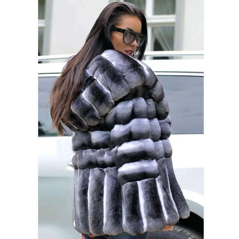 KIMLUD, BFFUR Real Fur Coat Rex Rabbit Whole Skin Real Fur Coats For Women Winter Sale Fashion Warm streetwear With Fur Hood Chinchilla, KIMLUD Womens Clothes