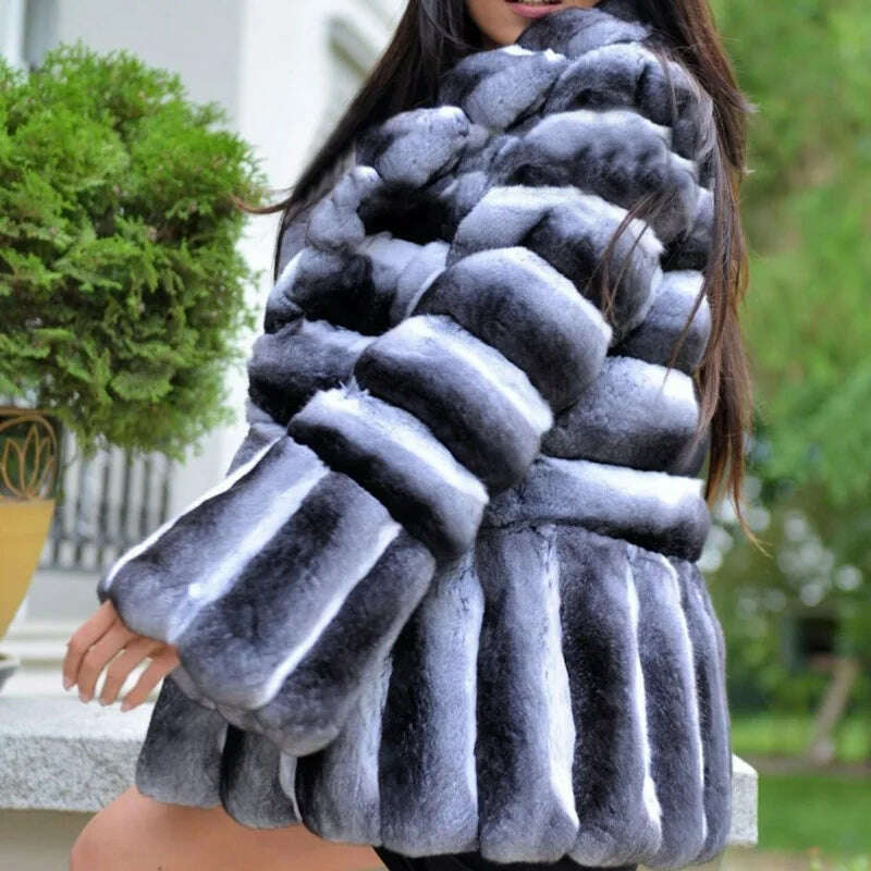 KIMLUD, BFFUR Real Fur Coat Rex Rabbit Whole Skin Real Fur Coats For Women Winter Sale Fashion Warm streetwear With Fur Hood Chinchilla, KIMLUD Womens Clothes