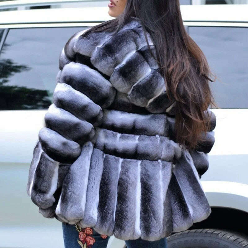 KIMLUD, BFFUR Real Fur Coat Rex Rabbit Whole Skin Real Fur Coats For Women Winter Sale Fashion Warm streetwear With Fur Hood Chinchilla, KIMLUD Womens Clothes