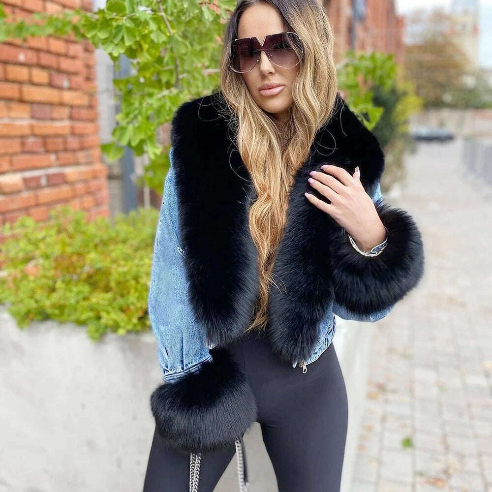 KIMLUD, BFFUR Real Fur Coats Women Winter 2022 New Denim Jacket With Big Fox Fur Trun-down Collar Overcoats Luxury Natural Fur Outwear, KIMLUD Womens Clothes