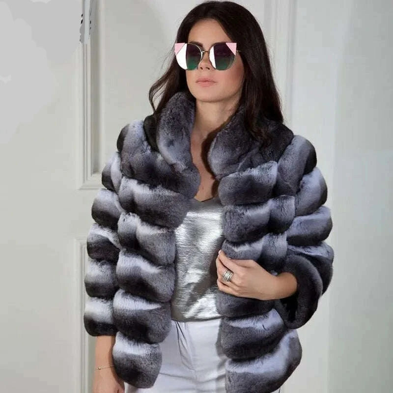 KIMLUD, BFFUR Winter Short Rex Rabbit Fur Jackets With Collar Natural Full Pelt Rabbit Fur Coats For Women Chinchilla Color Overcoats, KIMLUD Womens Clothes