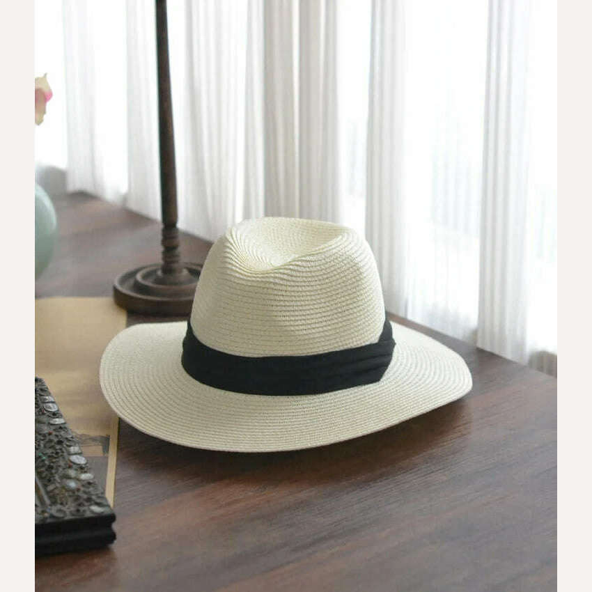 KIMLUD, Big Head Panaman Straw Hat with Foldable Straw Woven Hat Plus Size 60-64cm Men Jazz Top Hat Sun Protection Sun Shading Hat, cream / 55-57cm, KIMLUD Womens Clothes