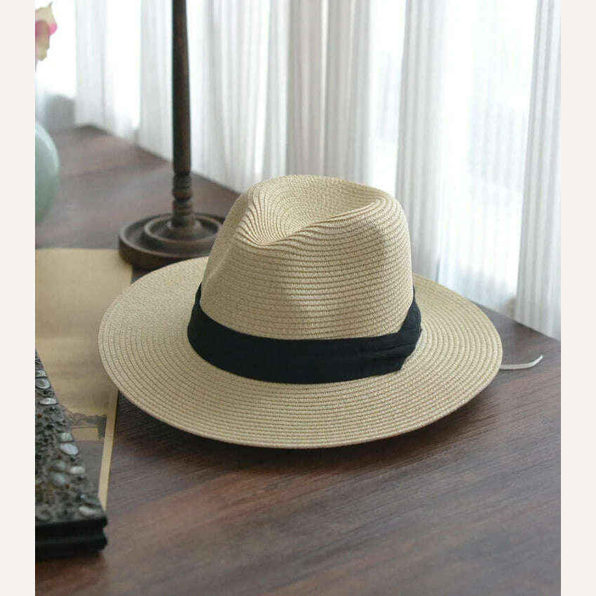 KIMLUD, Big Head Panaman Straw Hat with Foldable Straw Woven Hat Plus Size 60-64cm Men Jazz Top Hat Sun Protection Sun Shading Hat, Beige / 55-57cm, KIMLUD Womens Clothes