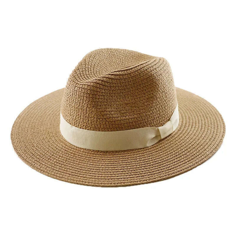KIMLUD, Big Head Panaman Straw Hat with Foldable Straw Woven Hat Plus Size 60-64cm Men Jazz Top Hat Sun Protection Sun Shading Hat, Khaki B / 55-57cm, KIMLUD Womens Clothes