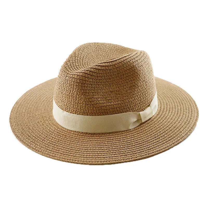 KIMLUD, Big Head Panaman Straw Hat with Foldable Straw Woven Hat Plus Size 60-64cm Men Jazz Top Hat Sun Protection Sun Shading Hat, Khaki B / 61-64cm, KIMLUD Womens Clothes