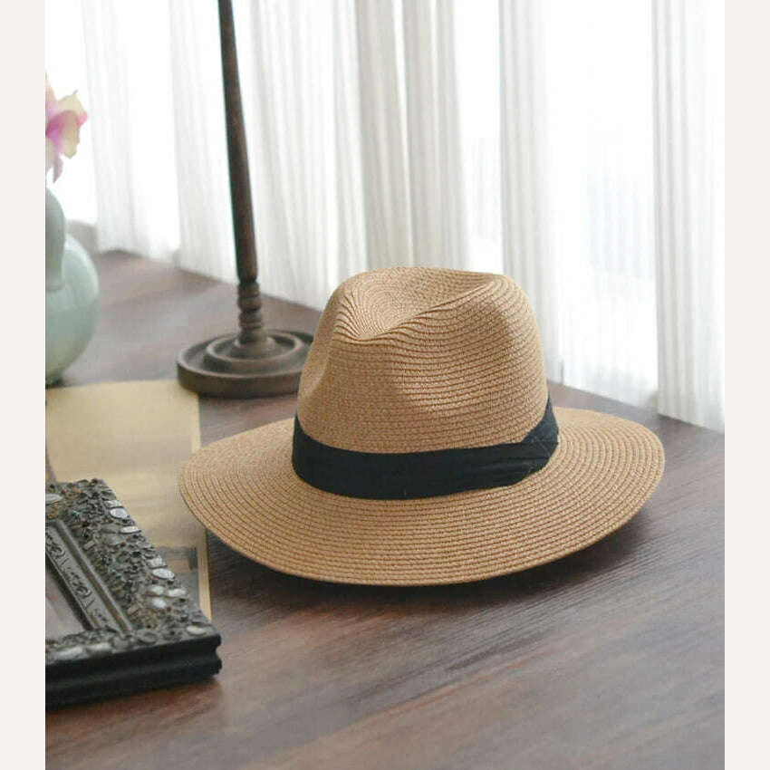 KIMLUD, Big Head Panaman Straw Hat with Foldable Straw Woven Hat Plus Size 60-64cm Men Jazz Top Hat Sun Protection Sun Shading Hat, Khaki / 55-57cm, KIMLUD Womens Clothes
