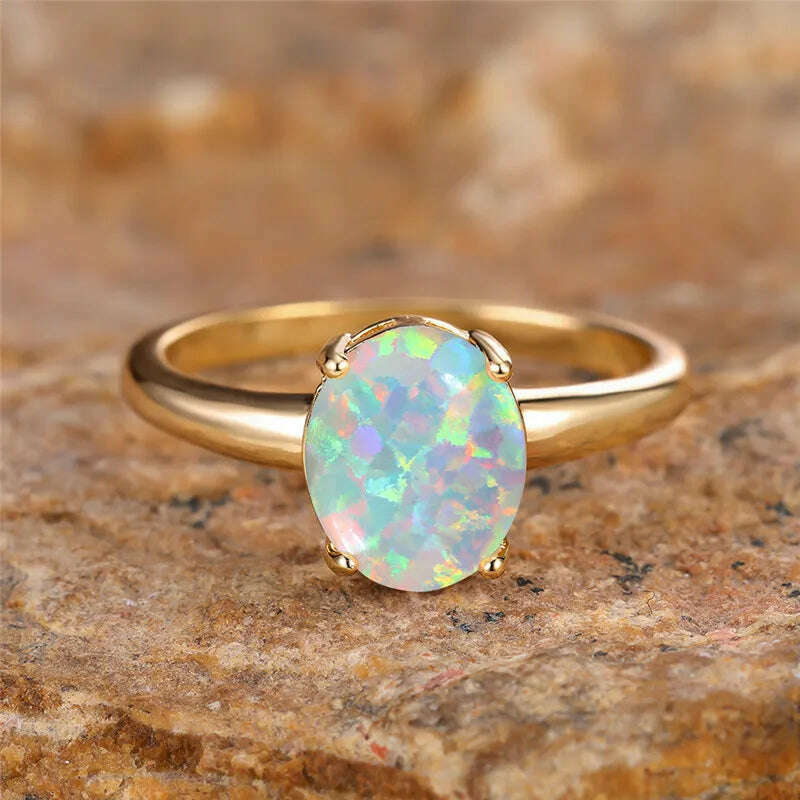 Big Oval Stone Engagement Ring White Fire Opal Egg Rings For Women Vintage Gold Color Wedding Bands Jewelry Minimalist Accessory - KIMLUD