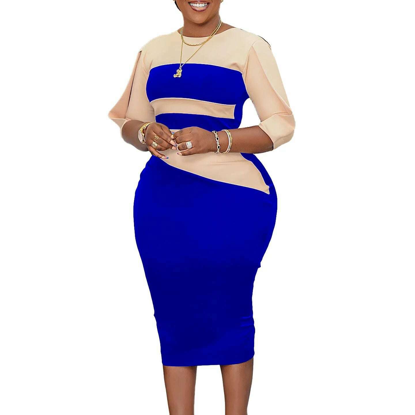 KIMLUD, Big size women 2024 new fashion temperament commuter five-quarter sleeve color matching buttock dress, KIMLUD Womens Clothes