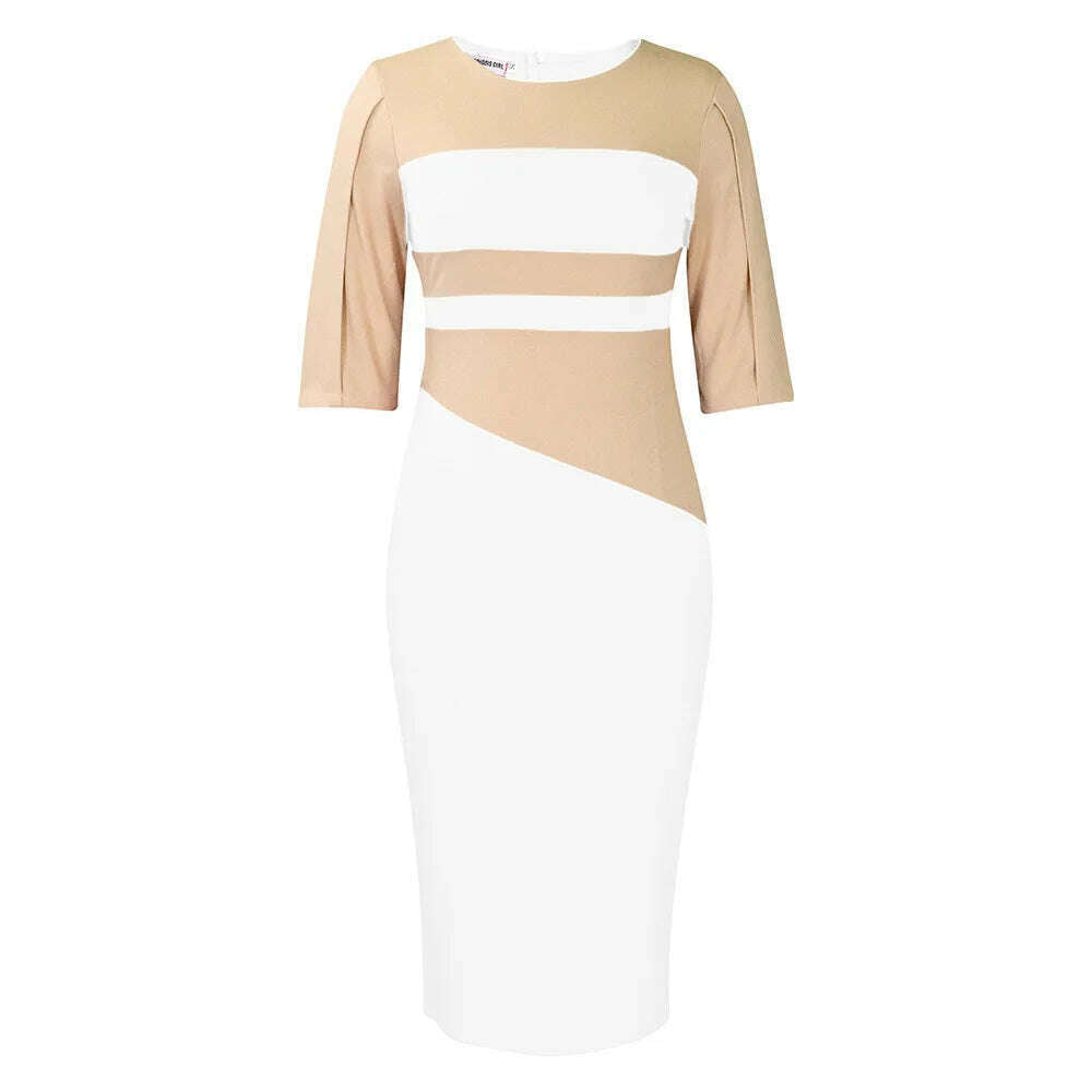 KIMLUD, Big size women 2024 new fashion temperament commuter five-quarter sleeve color matching buttock dress, WHITE / XL, KIMLUD APPAREL - Womens Clothes