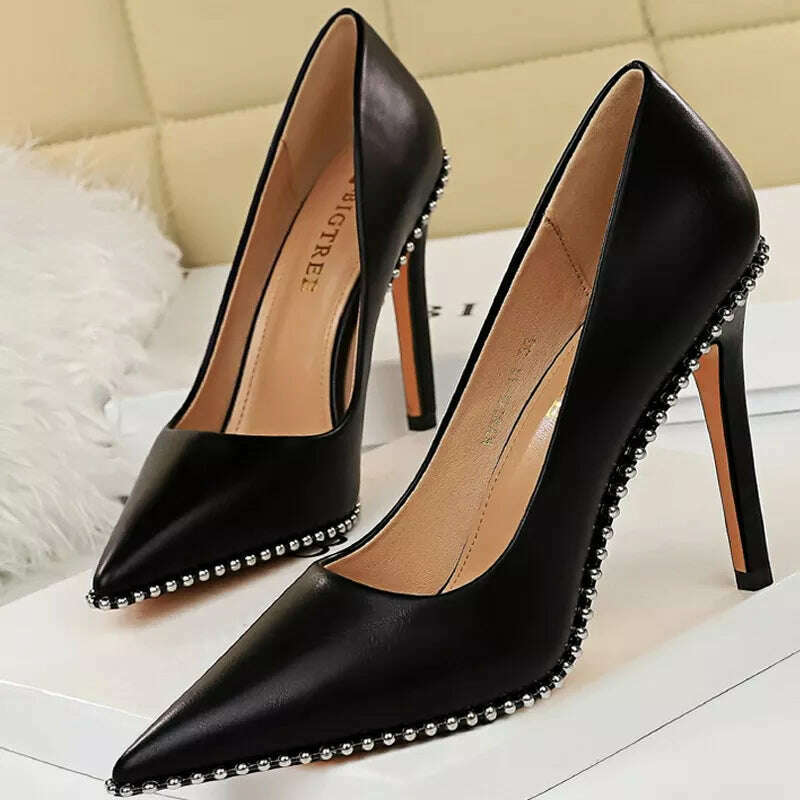 KIMLUD, BIGTREE Shoes Rivet Woman Pumps 2023 New High Heels Stiletto Pu Leather Women Heels Sexy Party Shoes Female Heel Plus Size 43, 1829-3-Black10.5cm / 34, KIMLUD Womens Clothes