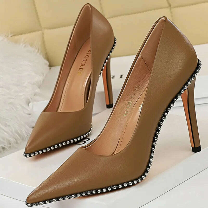 KIMLUD, BIGTREE Shoes Rivet Woman Pumps 2023 New High Heels Stiletto Pu Leather Women Heels Sexy Party Shoes Female Heel Plus Size 43, 1829-3-Khaki10.5cm / 34, KIMLUD Womens Clothes