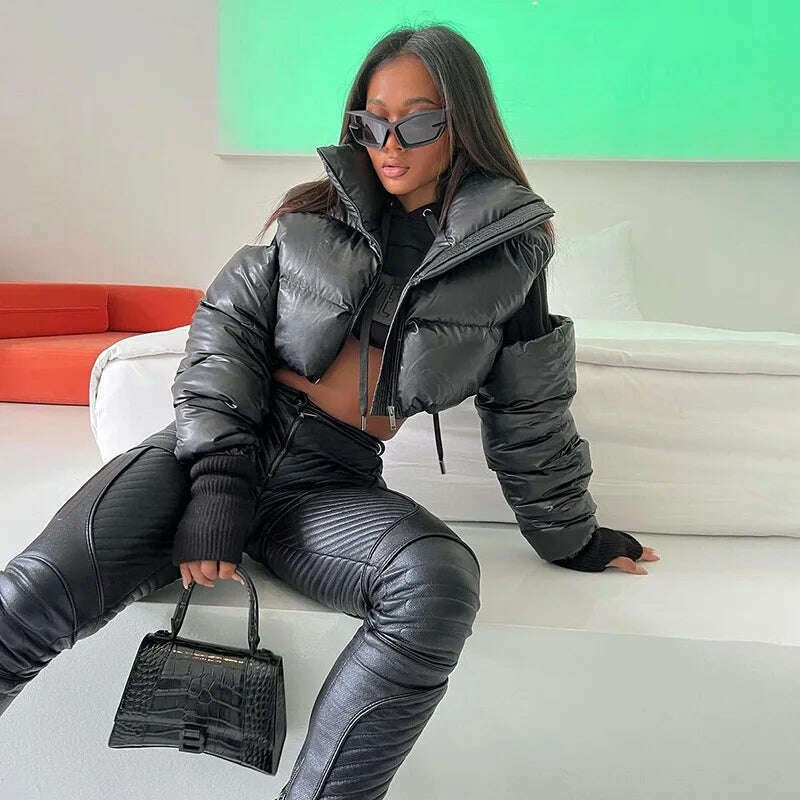 KIMLUD, BIIKPIIK Streetwear Hollow Out Solid Puffer for Women Casual Zip Up Long Sleeve Turtleneck Autumn Winter Coats Fashion Jackets, KIMLUD Womens Clothes
