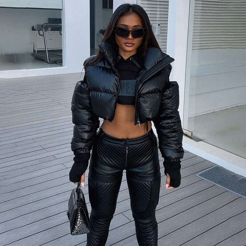 KIMLUD, BIIKPIIK Streetwear Hollow Out Solid Puffer for Women Casual Zip Up Long Sleeve Turtleneck Autumn Winter Coats Fashion Jackets, KIMLUD Womens Clothes