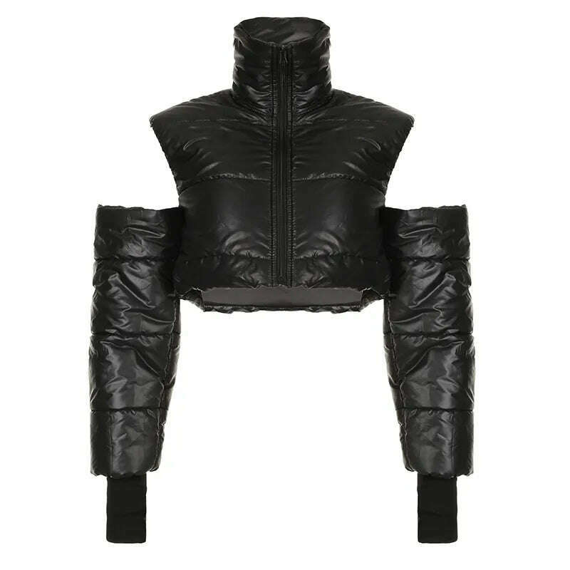 KIMLUD, BIIKPIIK Streetwear Hollow Out Solid Puffer for Women Casual Zip Up Long Sleeve Turtleneck Autumn Winter Coats Fashion Jackets, KIMLUD Womens Clothes