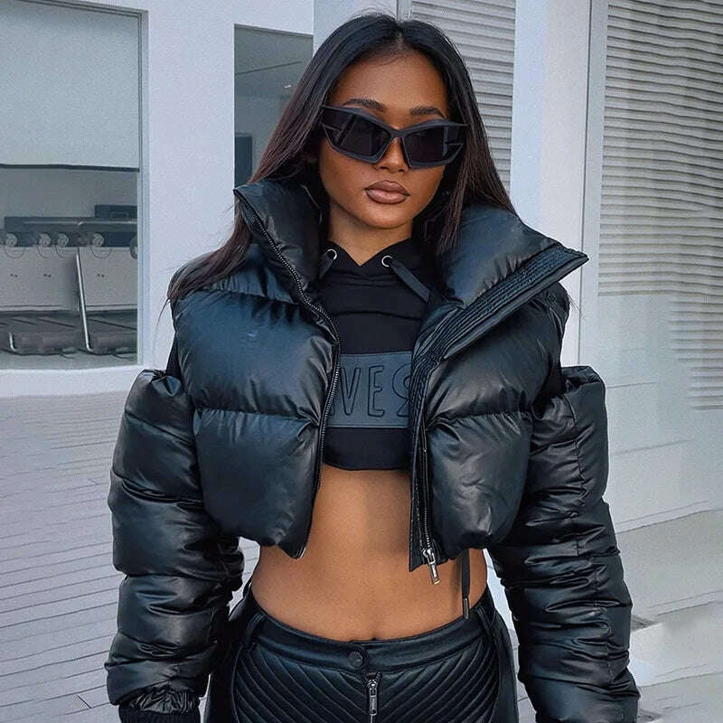 KIMLUD, BIIKPIIK Streetwear Hollow Out Solid Puffer for Women Casual Zip Up Long Sleeve Turtleneck Autumn Winter Coats Fashion Jackets, KIMLUD Womens Clothes