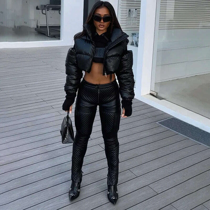 KIMLUD, BIIKPIIK Streetwear Hollow Out Solid Puffer for Women Casual Zip Up Long Sleeve Turtleneck Autumn Winter Coats Fashion Jackets, KIMLUD Womens Clothes
