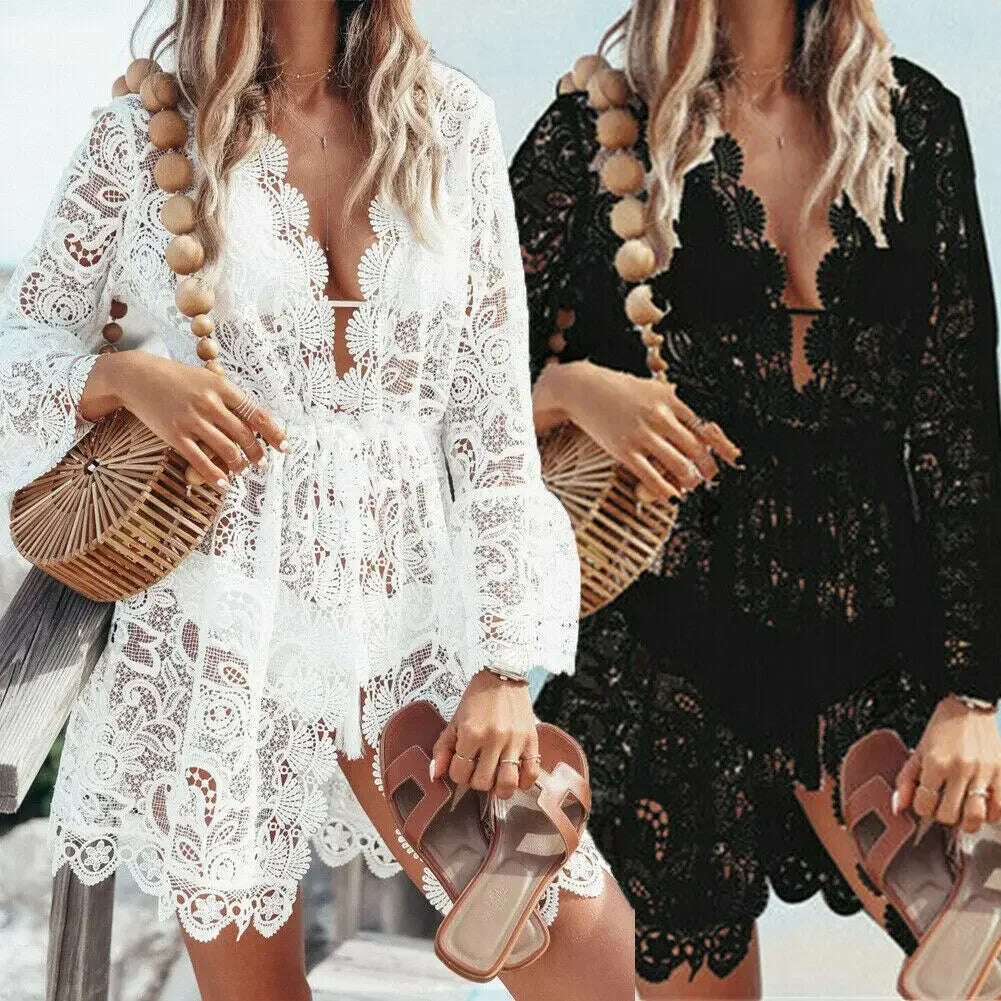 KIMLUD, Bikini Cover Ups for Women Beach Sundress Boho Crochet White Knitted V-neck Scallop Trim Lace Dress Tunic Pareos Robe Beachwear, KIMLUD Womens Clothes