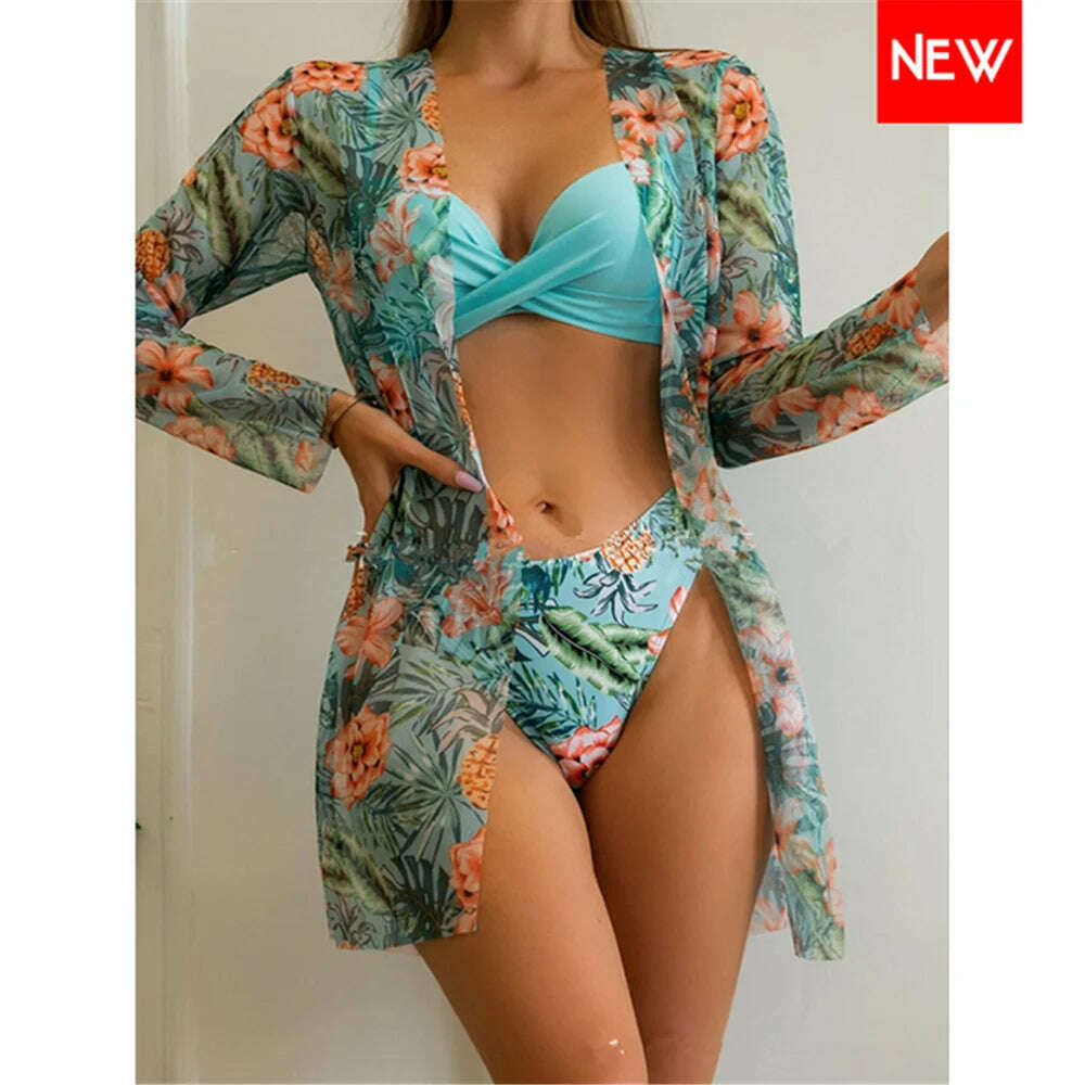 KIMLUD, Bikini Set Women Three Pieces Swimsuit Cover Up Swimwear 2024 New Push Up Twist Print Long Sleeve Biquini Beach Bathing Suit, 20 / L, KIMLUD Womens Clothes