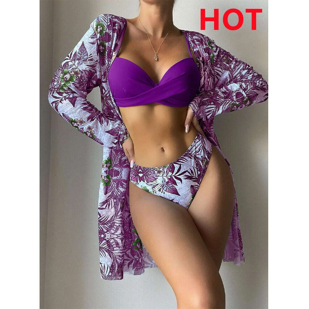 KIMLUD, Bikini Set Women Three Pieces Swimsuit Cover Up Swimwear 2024 New Push Up Twist Print Long Sleeve Biquini Beach Bathing Suit, 4 / XL, KIMLUD Womens Clothes