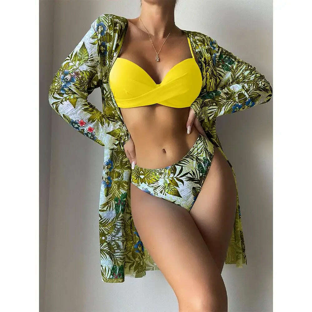 KIMLUD, Bikini Set Women Three Pieces Swimsuit Cover Up Swimwear 2024 New Push Up Twist Print Long Sleeve Biquini Beach Bathing Suit, 3 / XL, KIMLUD Womens Clothes