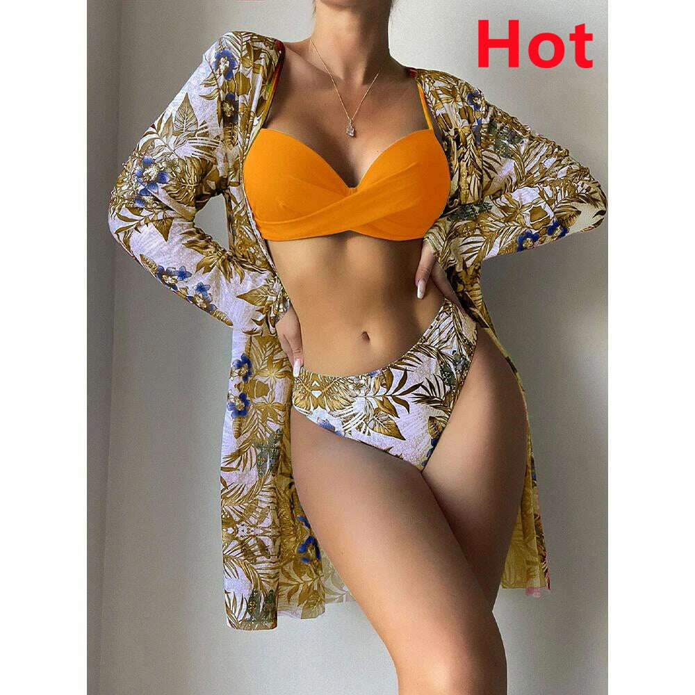 KIMLUD, Bikini Set Women Three Pieces Swimsuit Cover Up Swimwear 2024 New Push Up Twist Print Long Sleeve Biquini Beach Bathing Suit, 11 / M, KIMLUD Womens Clothes