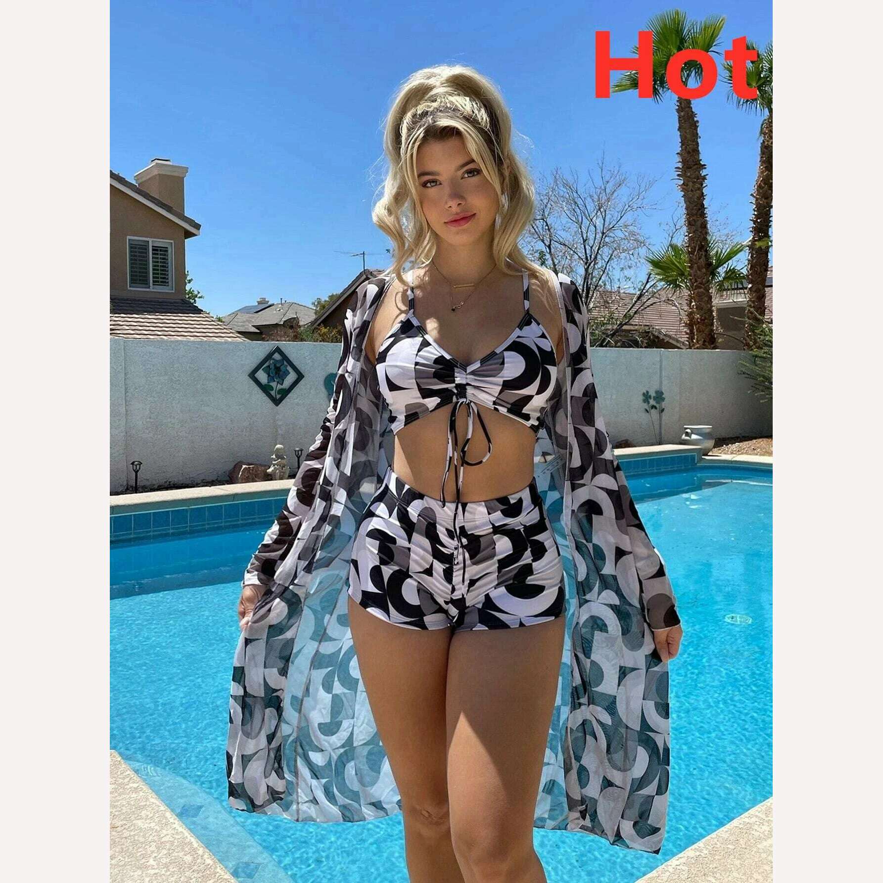 KIMLUD, Bikini Set Women Three Pieces Swimsuit Cover Up Swimwear 2024 New Push Up Twist Print Long Sleeve Biquini Beach Bathing Suit, 40 / XL, KIMLUD Womens Clothes