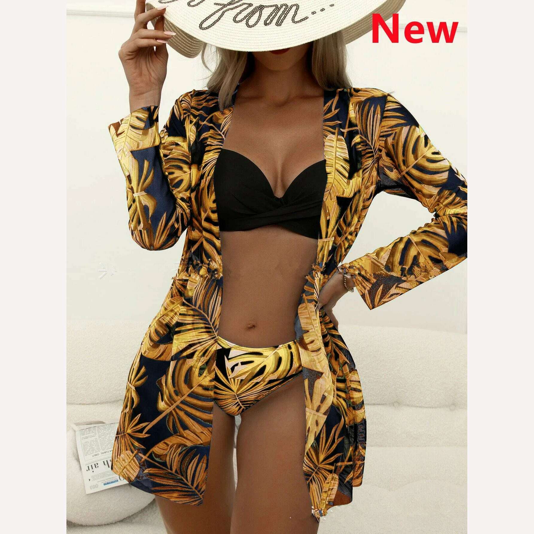 KIMLUD, Bikini Set Women Three Pieces Swimsuit Cover Up Swimwear 2024 New Push Up Twist Print Long Sleeve Biquini Beach Bathing Suit, 23 / S, KIMLUD Womens Clothes