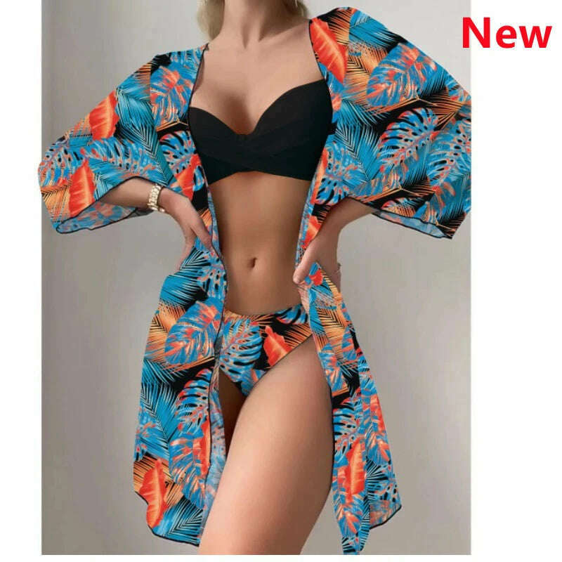 KIMLUD, Bikini Set Women Three Pieces Swimsuit Cover Up Swimwear 2024 New Push Up Twist Print Long Sleeve Biquini Beach Bathing Suit, 25 / XL, KIMLUD Womens Clothes