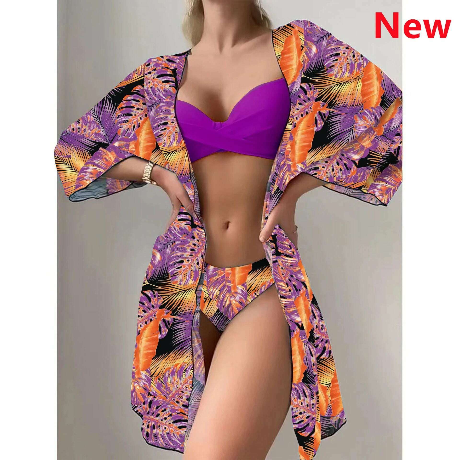 KIMLUD, Bikini Set Women Three Pieces Swimsuit Cover Up Swimwear 2024 New Push Up Twist Print Long Sleeve Biquini Beach Bathing Suit, 26 / S, KIMLUD Womens Clothes