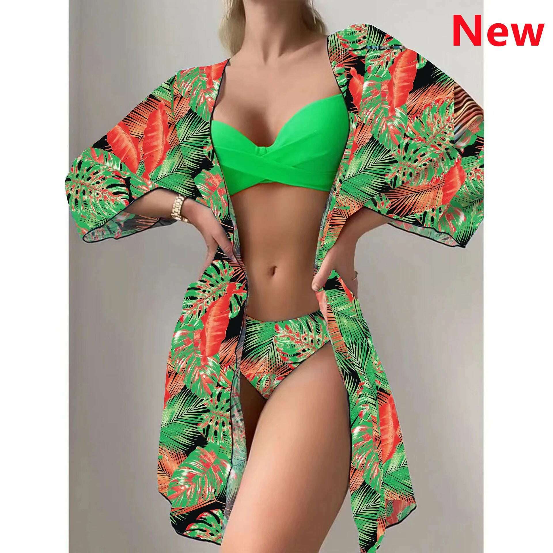 KIMLUD, Bikini Set Women Three Pieces Swimsuit Cover Up Swimwear 2024 New Push Up Twist Print Long Sleeve Biquini Beach Bathing Suit, 27 / S, KIMLUD Womens Clothes