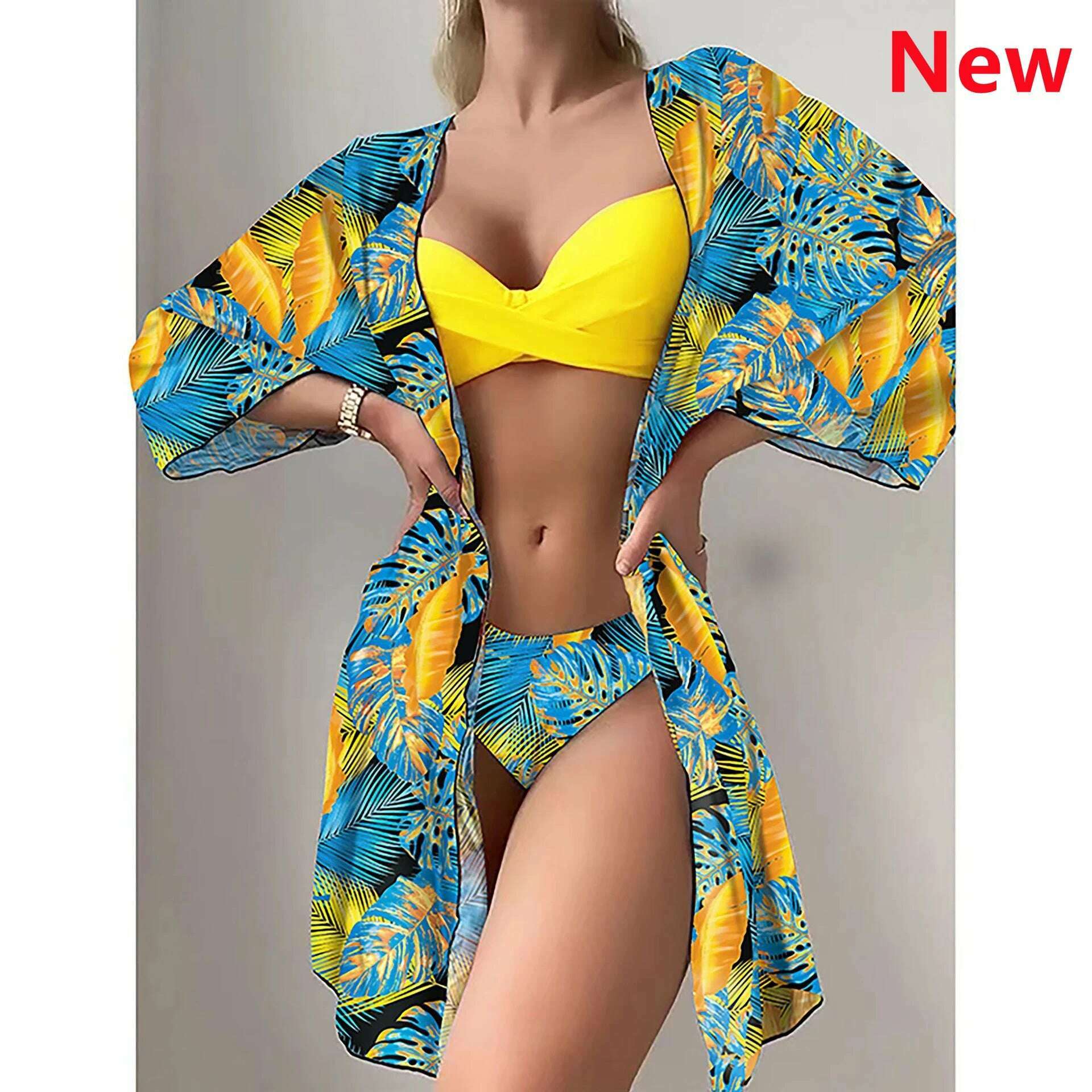 KIMLUD, Bikini Set Women Three Pieces Swimsuit Cover Up Swimwear 2024 New Push Up Twist Print Long Sleeve Biquini Beach Bathing Suit, 28 / S, KIMLUD Womens Clothes