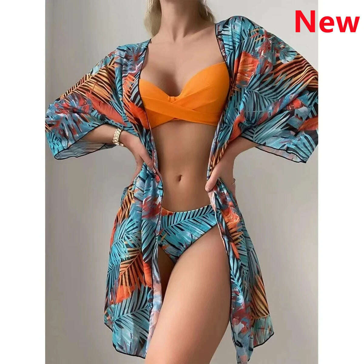 KIMLUD, Bikini Set Women Three Pieces Swimsuit Cover Up Swimwear 2024 New Push Up Twist Print Long Sleeve Biquini Beach Bathing Suit, 24 / S, KIMLUD Womens Clothes