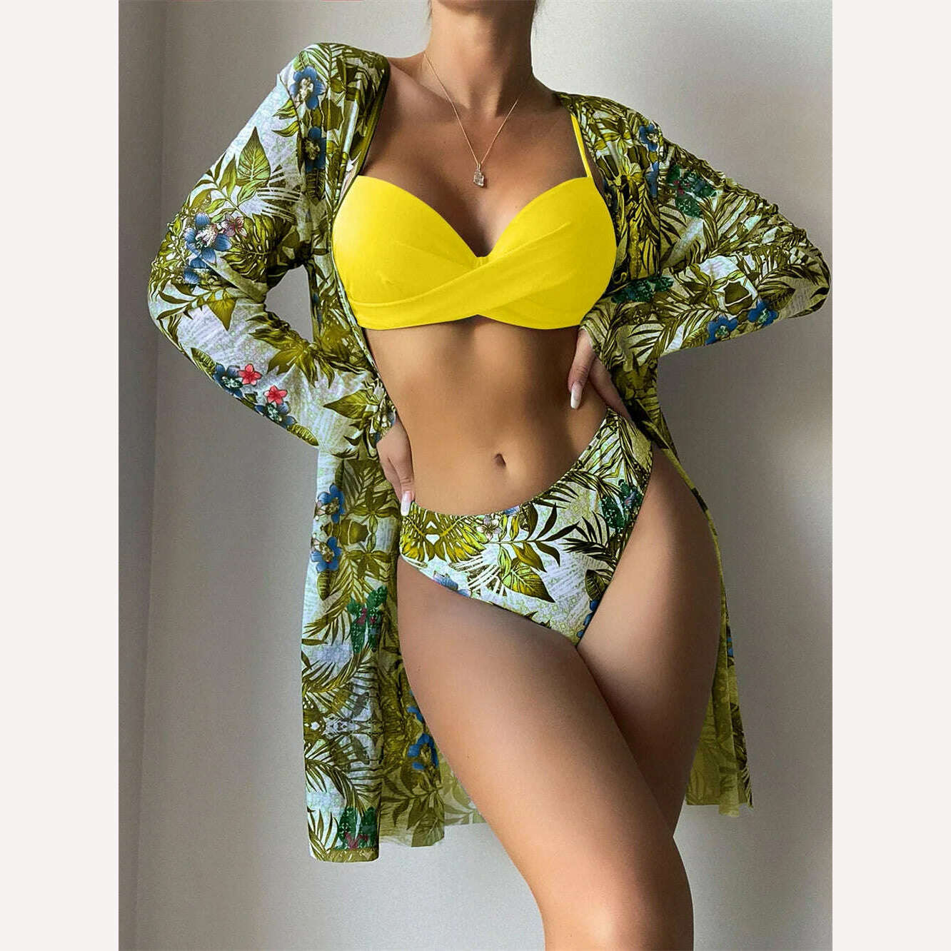 KIMLUD, Bikini Set Women Three Pieces Swimsuit Cover Up Swimwear 2024 New Push Up Twist Print Long Sleeve Biquini Beach Bathing Suit, KIMLUD Womens Clothes