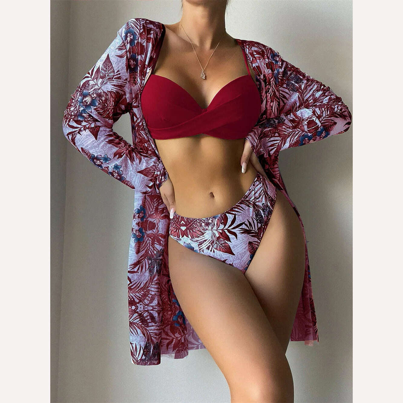 KIMLUD, Bikini Set Women Three Pieces Swimsuit Cover Up Swimwear 2024 New Push Up Twist Print Long Sleeve Biquini Beach Bathing Suit, KIMLUD Womens Clothes