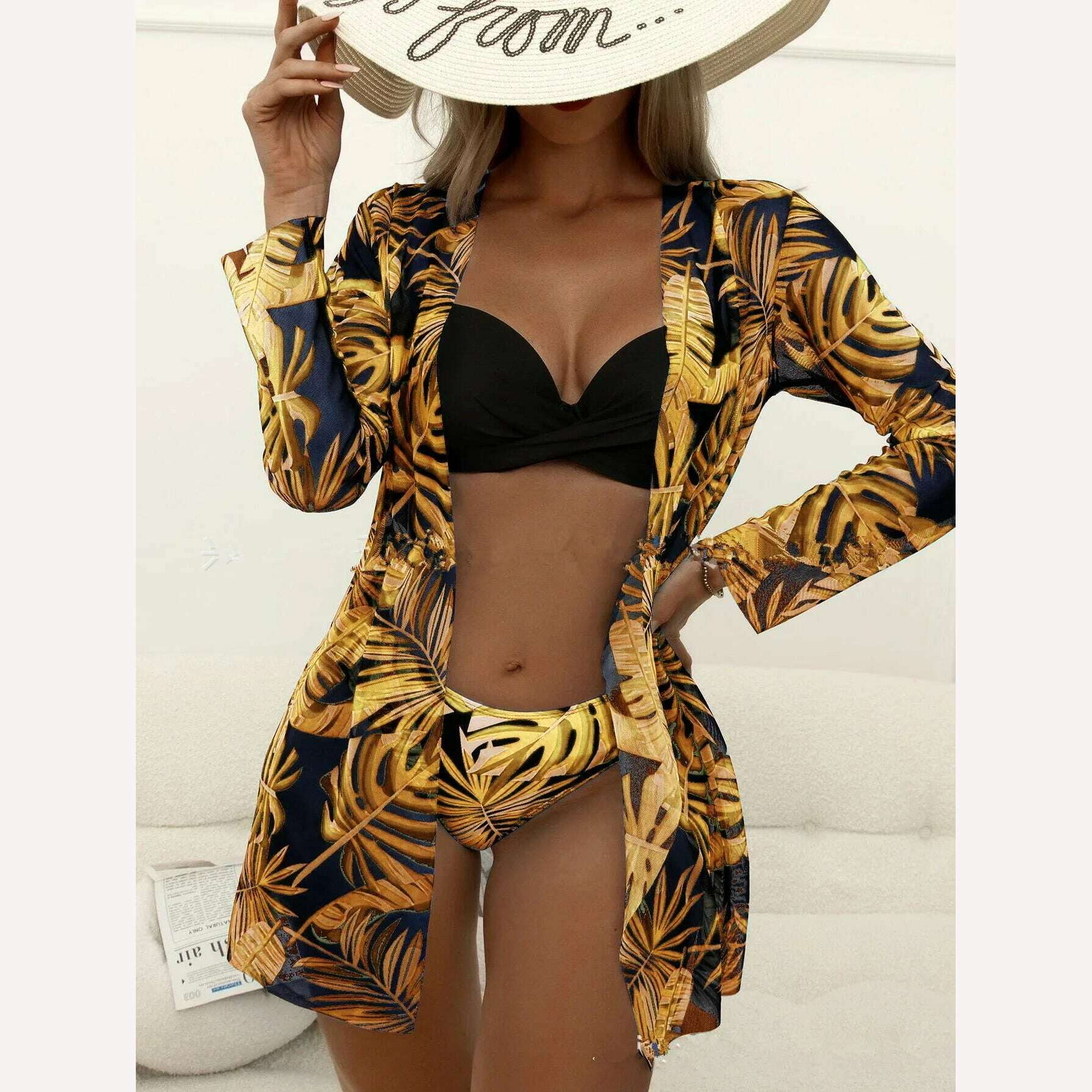 KIMLUD, Bikini Set Women Three Pieces Swimsuit Cover Up Swimwear 2024 New Push Up Twist Print Long Sleeve Biquini Beach Bathing Suit, KIMLUD Womens Clothes