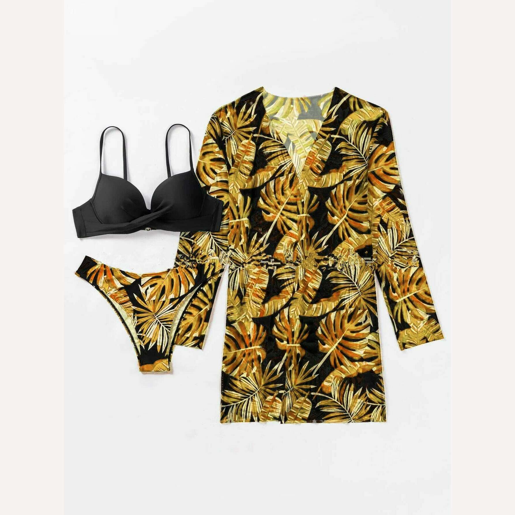 KIMLUD, Bikini Set Women Three Pieces Swimsuit Cover Up Swimwear 2024 New Push Up Twist Print Long Sleeve Biquini Beach Bathing Suit, KIMLUD Womens Clothes