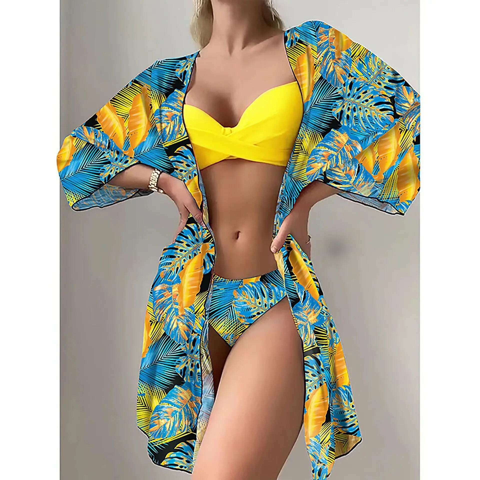 KIMLUD, Bikini Set Women Three Pieces Swimsuit Cover Up Swimwear 2024 New Push Up Twist Print Long Sleeve Biquini Beach Bathing Suit, KIMLUD Womens Clothes