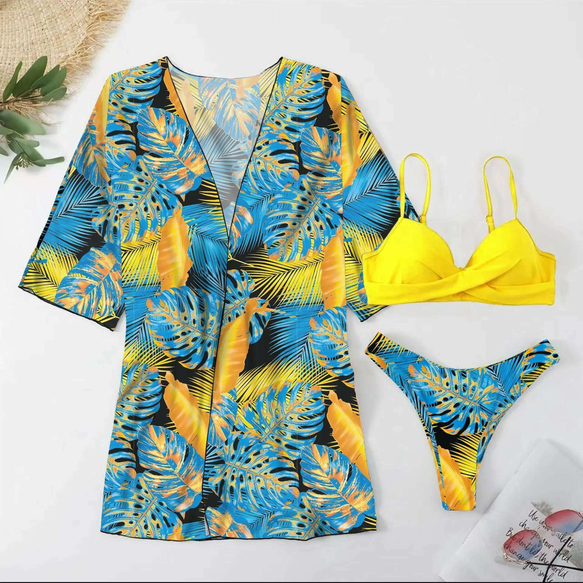 KIMLUD, Bikini Set Women Three Pieces Swimsuit Cover Up Swimwear 2024 New Push Up Twist Print Long Sleeve Biquini Beach Bathing Suit, KIMLUD Womens Clothes