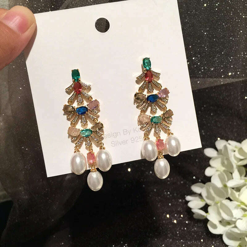 KIMLUD, Bilincolor Fashion Tassel Flower Pearl Earrings for Women, KIMLUD Womens Clothes