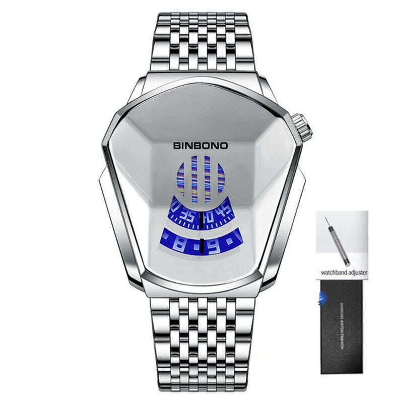 KIMLUD, BINBOND Fashion Luxury Unique Military Motorcycle Stainless Steel Business Sports Men's Golden Watch Style Concept With box, Silver-White, KIMLUD APPAREL - Womens Clothes