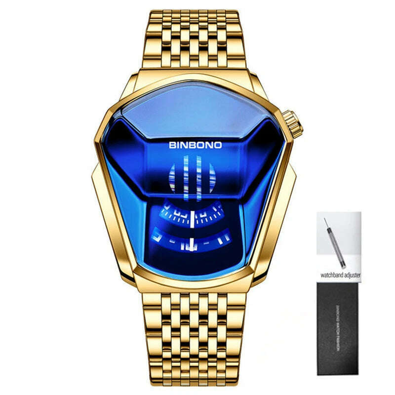KIMLUD, BINBOND Fashion Luxury Unique Military Motorcycle Stainless Steel Business Sports Men's Golden Watch Style Concept With box, Gold-Blue, KIMLUD APPAREL - Womens Clothes